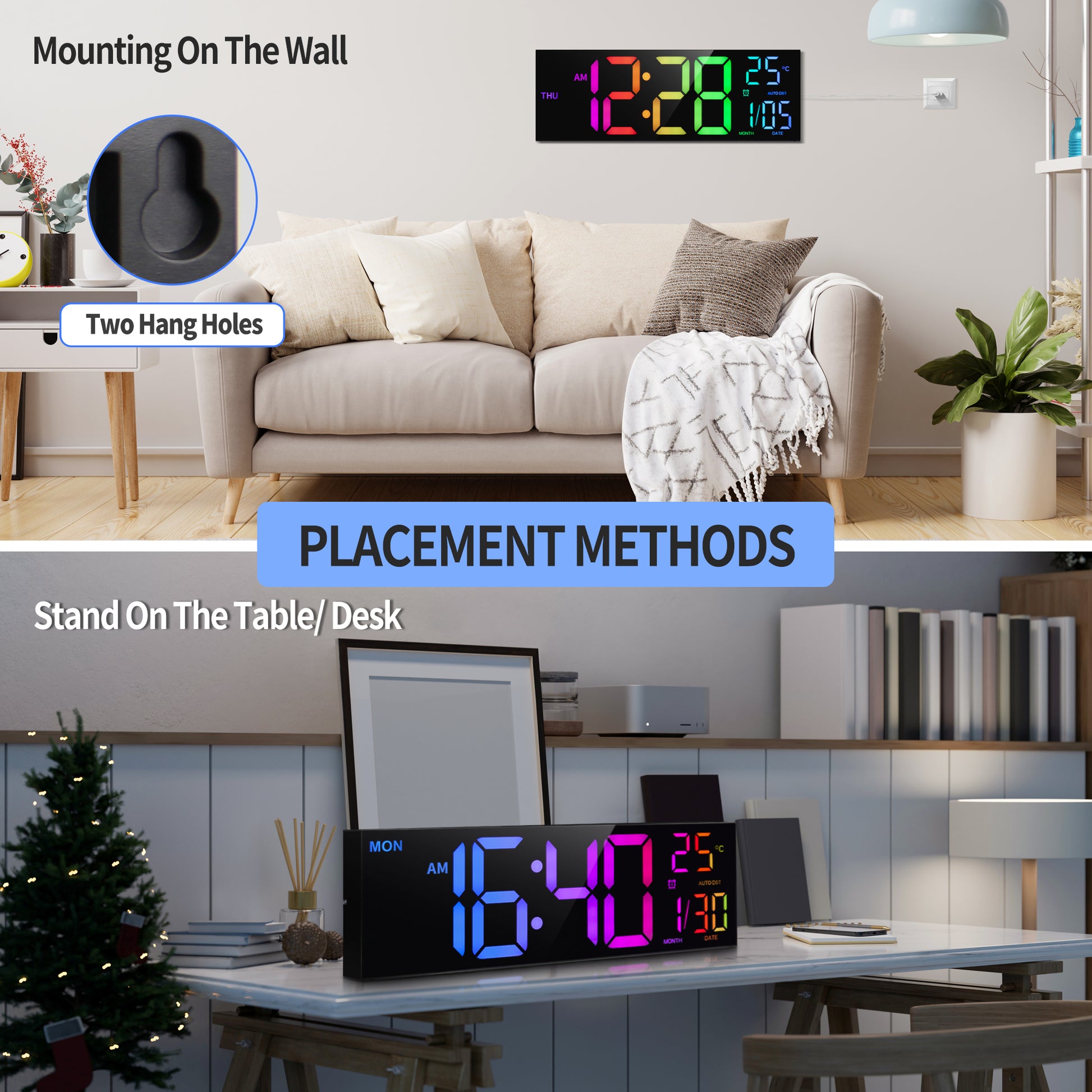 16 Inch Large Digital Wall Clock, Big LED Display, 8 RGB Colors, Remote Control, Alarm, DST, Temperature for Living Room