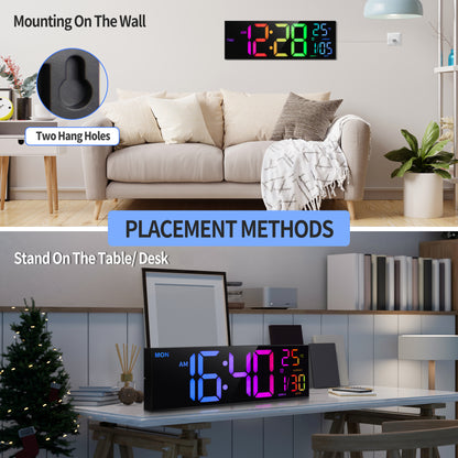 16 Inch Large Digital Wall Clock, Big LED Display, 8 RGB Colors, Remote Control, Alarm, DST, Temperature for Living Room