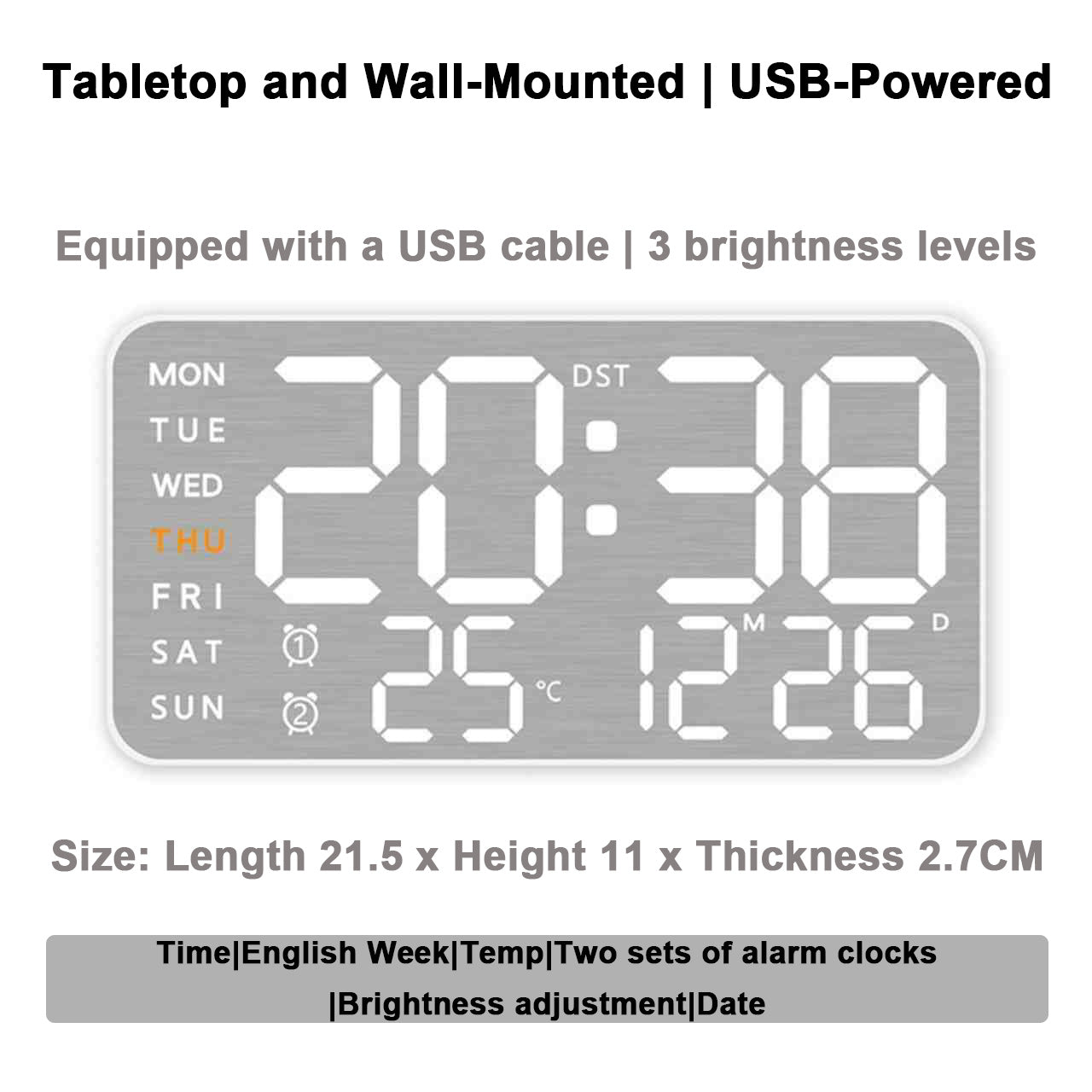 Mirror Brushed Finish Silent Wall Clock, Premium Feel Table Alarm Clock, Temp Display Bedroom Office Living Room Decor