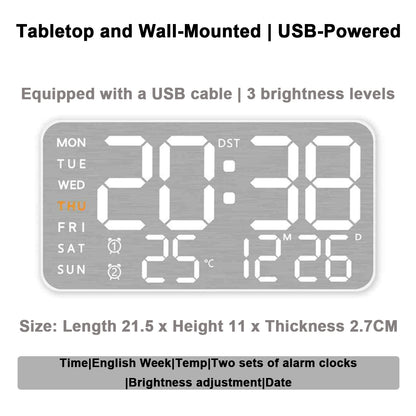 Mirror Brushed Finish Silent Wall Clock, Premium Feel Table Alarm Clock, Temp Display Bedroom Office Living Room Decor