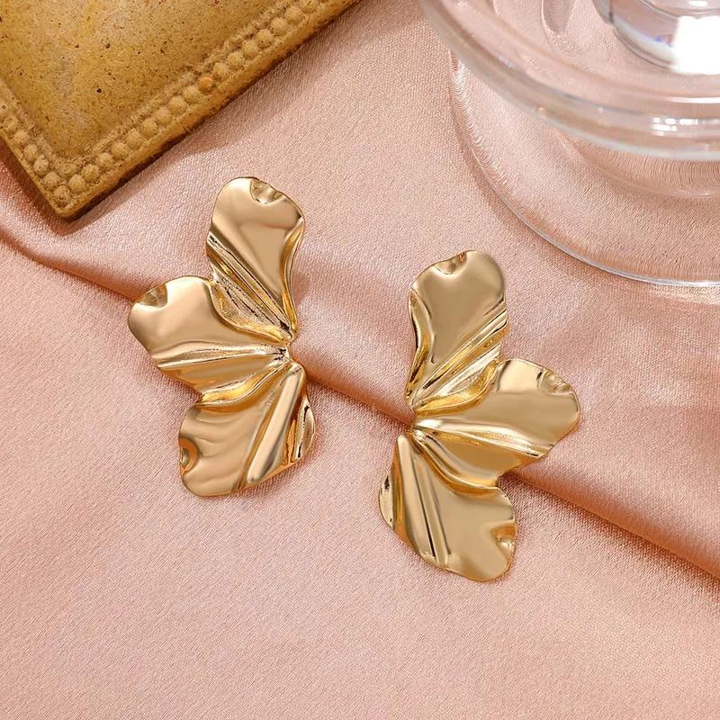 Gold Flower Petal Earrings Vintage Textured Metal Studs For Women Elegant Fashion Jewelry Party And 5