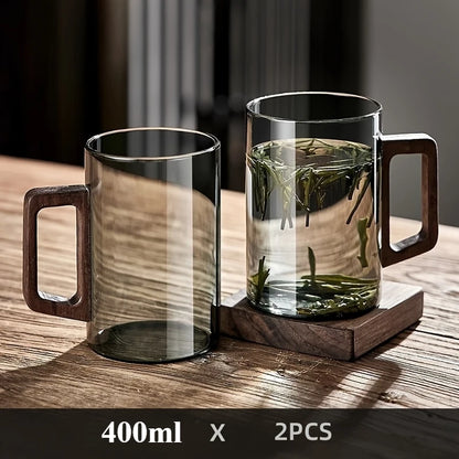 Glass Cups, Walnut Handle, Heat-resistant Mug, Large Capacity, Tea Making Cup, Office Drinking Glasses