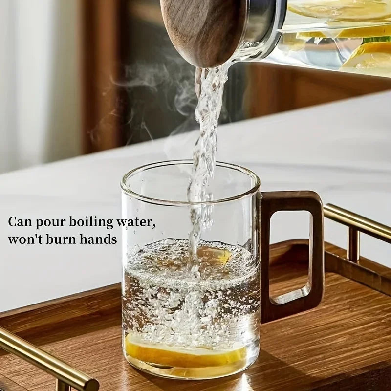Glass Cups Walnut Handle Heatresistant Mug Large Capacity Tea Making Cup Office Drinking Glasses 3