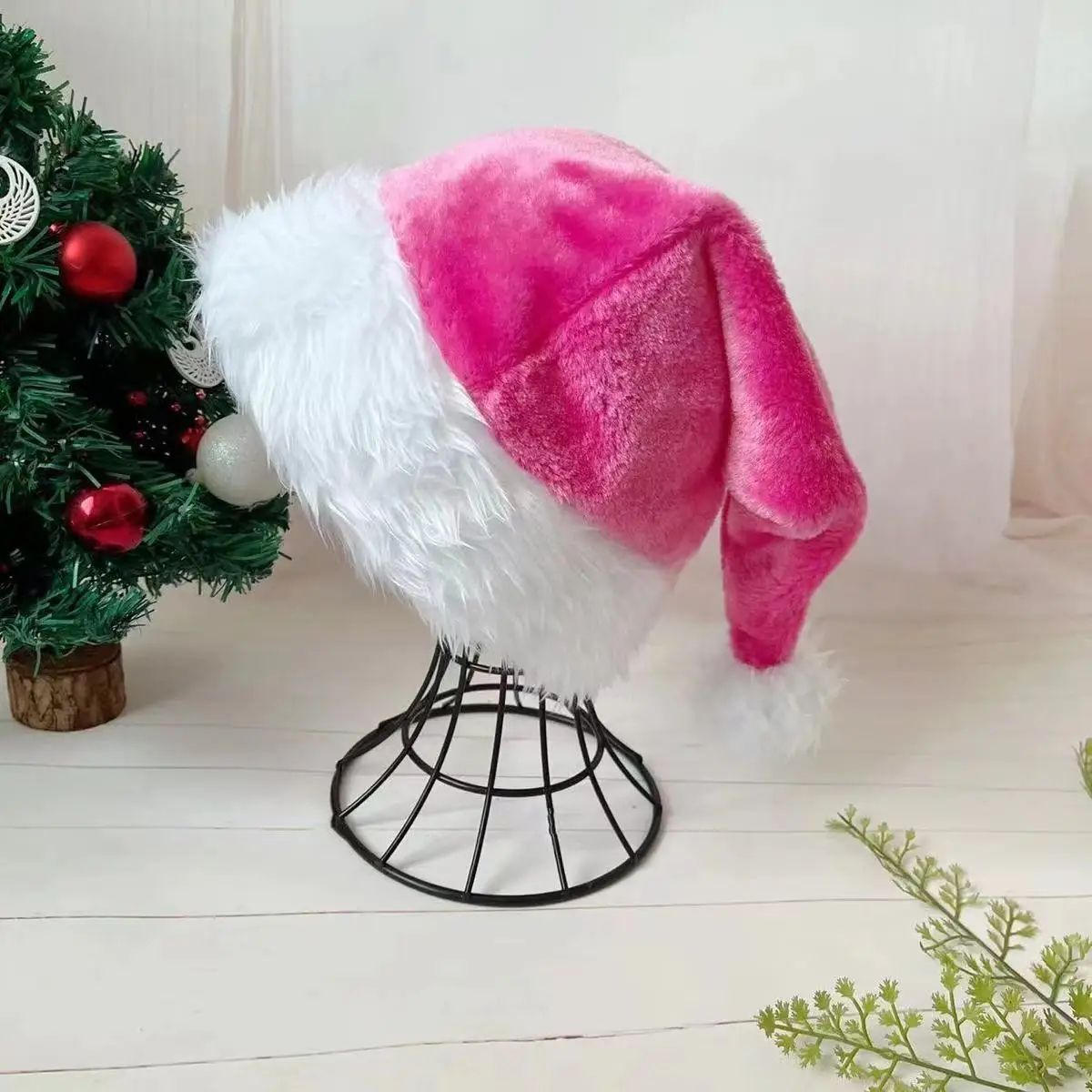 Pink Long Plush Santa Hat, Christmas Holiday Red Black Hat, Unisex Kids Adults, New Year Party Accessories
