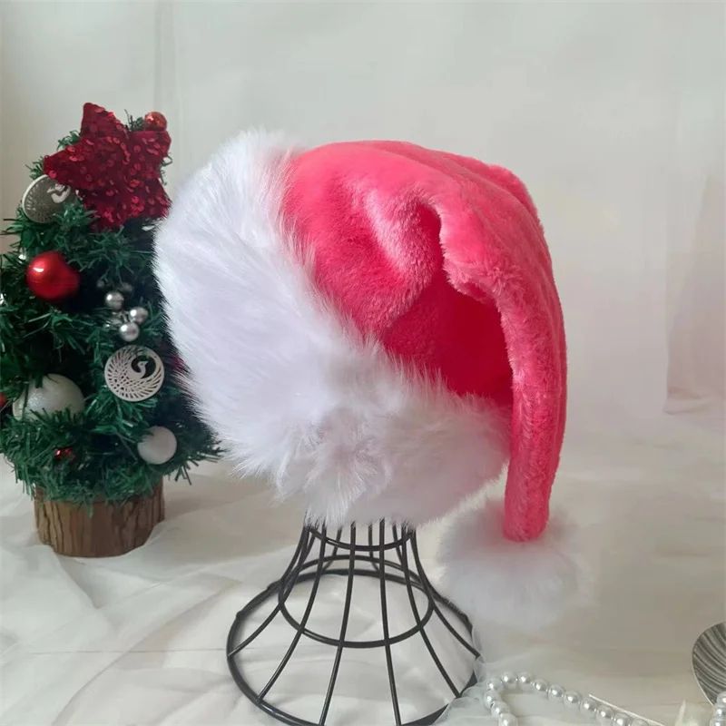 Pink Long Plush Santa Hat Christmas Holiday Red Black Hat Unisex Kids Adults New Year Party Accesso 4