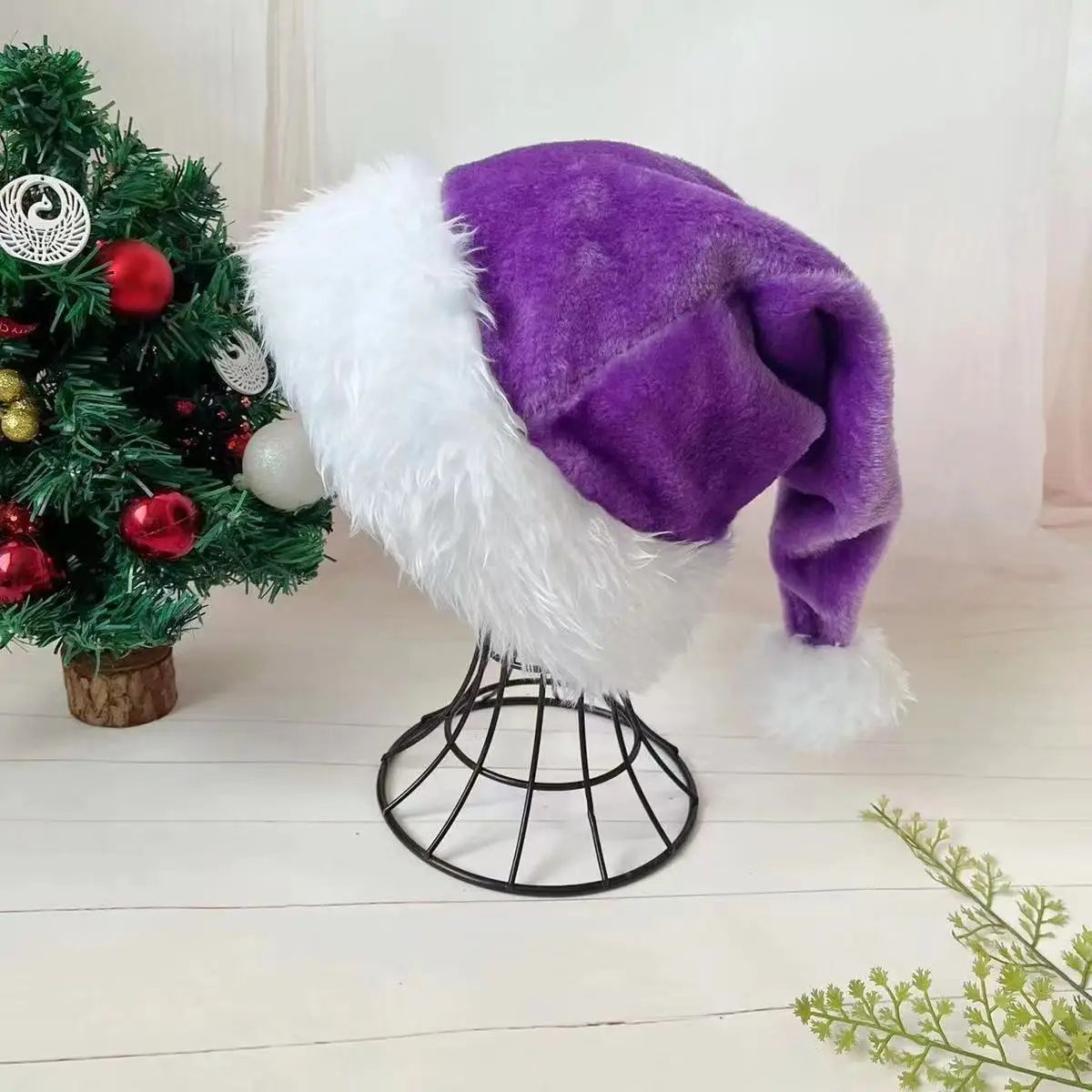 Pink Long Plush Santa Hat Christmas Holiday Red Black Hat Unisex Kids Adults New Year Party Accesso 8