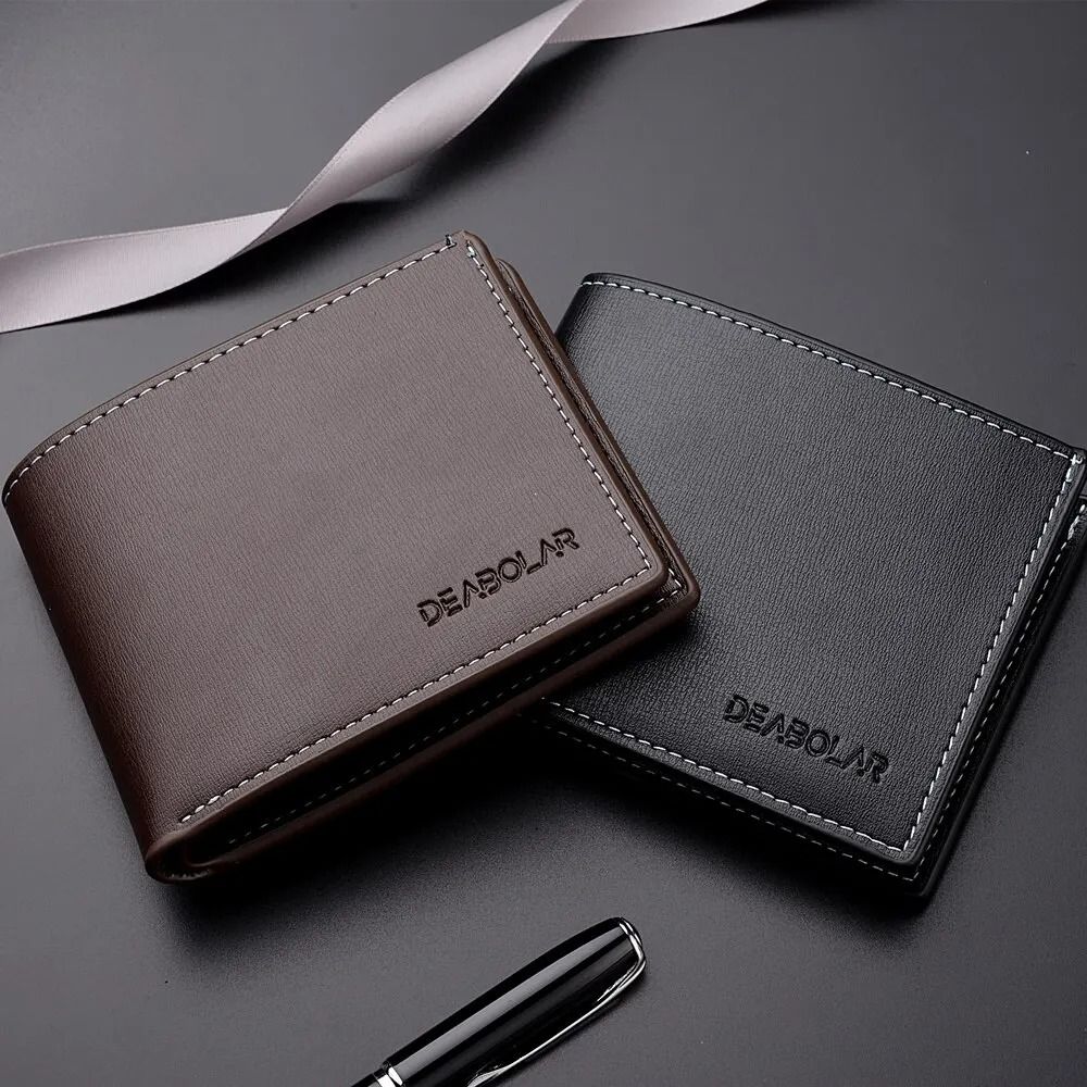 Mens PU Leather Short Wallet – Slim Folding Credit Card Holder