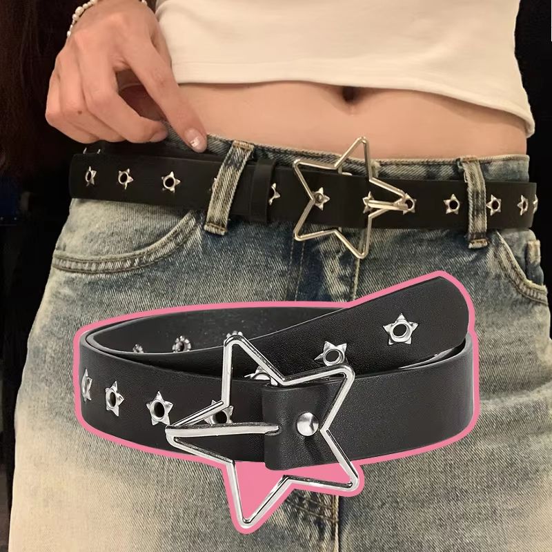Star Riot Y2K Punk Rivet Belt – Black PU Goth Eyelet Belt for Jeans & Skirts