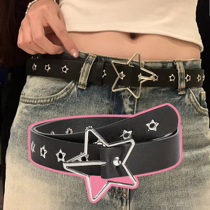 Star Riot Y2K Punk Rivet Belt – Black PU Goth Eyelet Belt for Jeans & Skirts