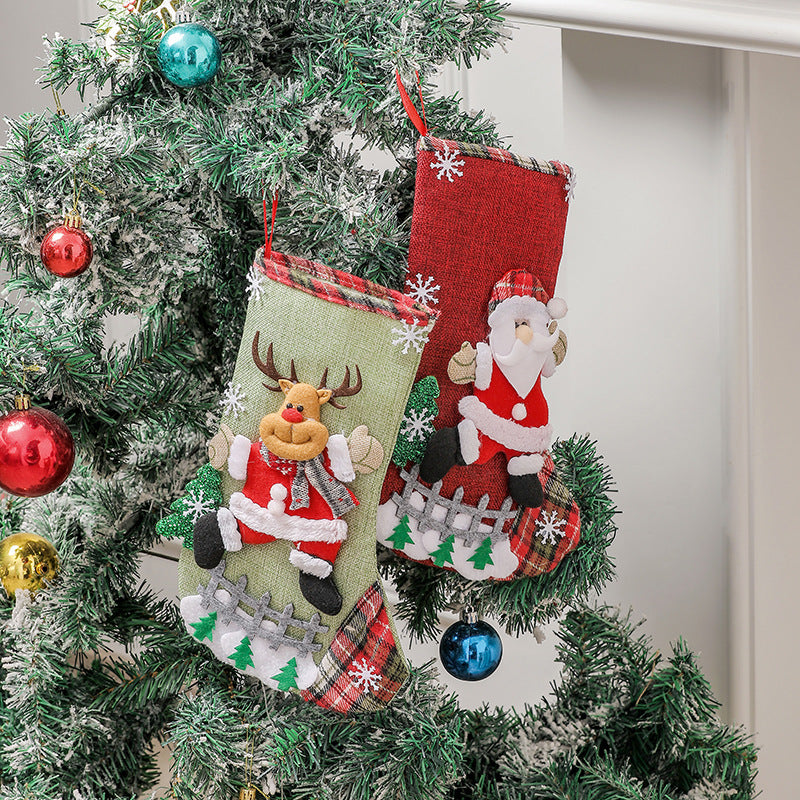 Linen Christmas Gift Stockings 3D Santa Claus Elk Knitted Hanging Decorative Stocking Candy Bag For 1