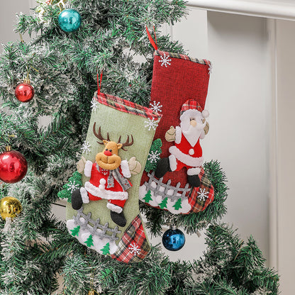 Linen Christmas Gift Stockings 3D Santa Claus Elk Knitted Hanging Decorative Stocking Candy Bag For 1