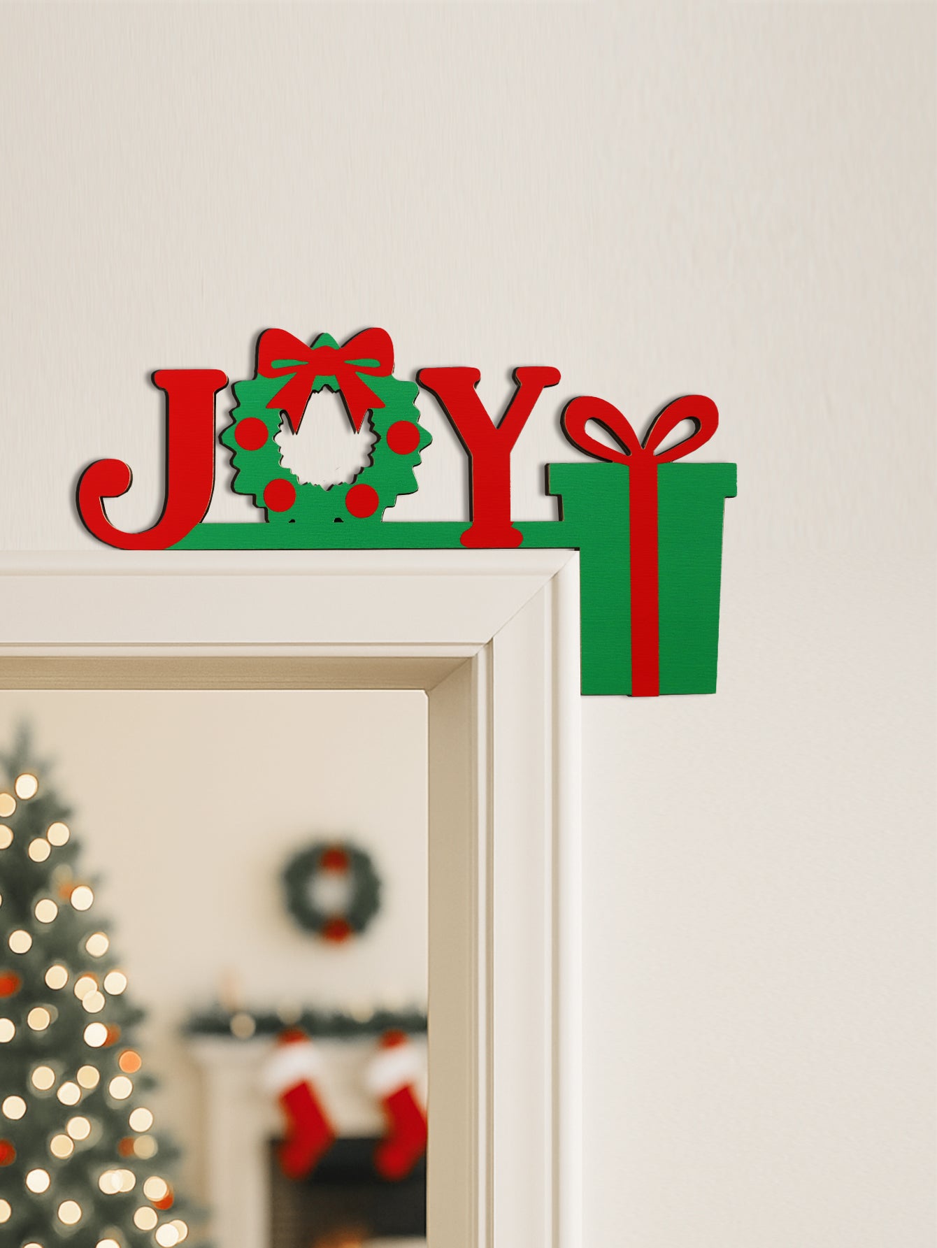 Christmas JOY Door Topper Decor, Festive Hanging Ornament for Home, Door & Office, Red and Green Wreath & Gift Box