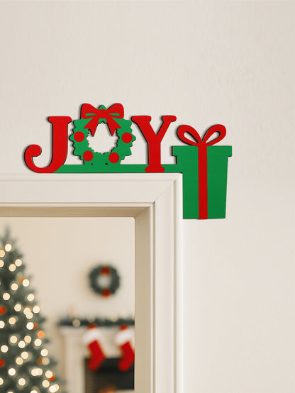 Christmas JOY Door Topper Decor, Festive Hanging Ornament for Home, Door & Office, Red and Green Wreath & Gift Box