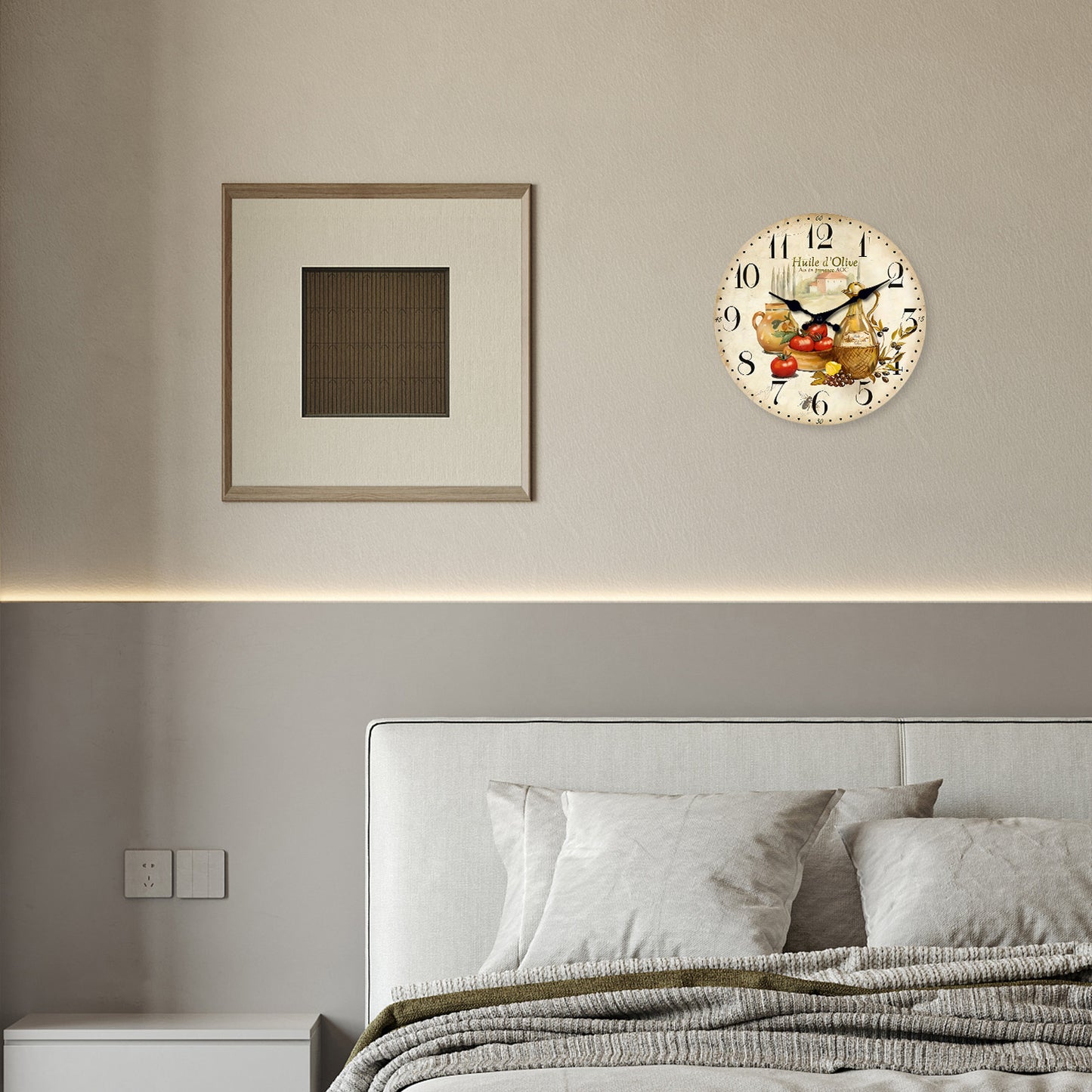 Retro Provence Olive Oil And Tomato Pattern Wooden Wall Clock Silent Quartz Kitchen Wall Clock Rust 4