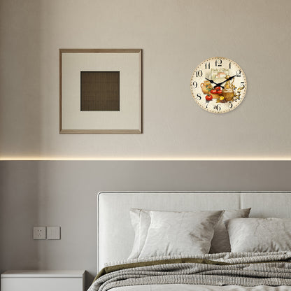 Retro Provence Olive Oil And Tomato Pattern Wooden Wall Clock Silent Quartz Kitchen Wall Clock Rust 4