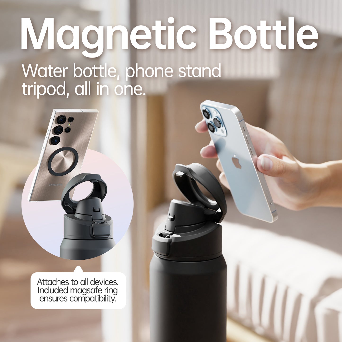 Magnetic Stainless Steel Thermos, Sports Water Bottle, Insulation Cup, Magnetic Phone Holder, Bouncing Cover
