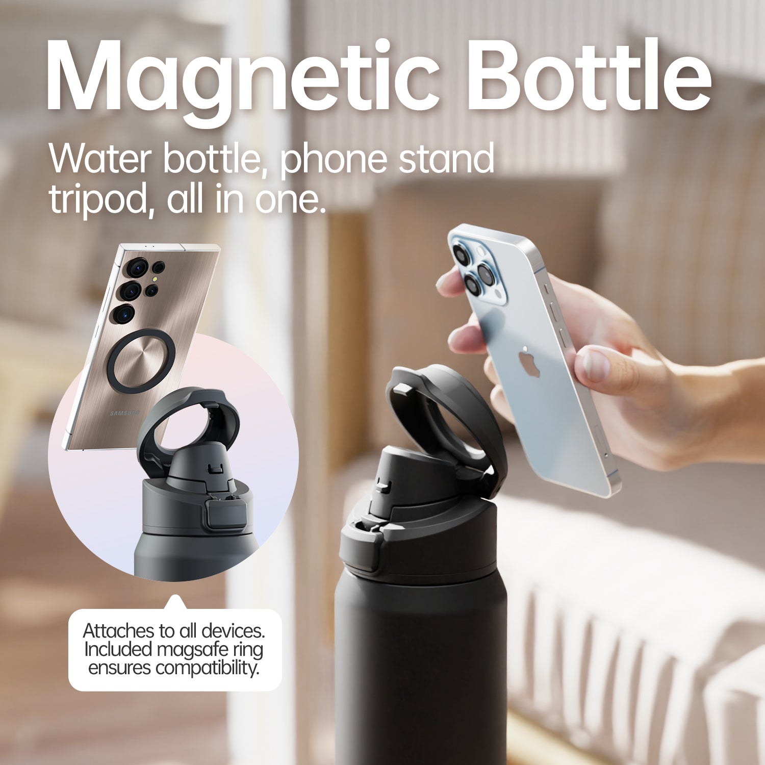 Magnetic Stainless Steel Thermos, Sports Water Bottle, Insulation Cup, Magnetic Phone Holder, Bouncing Cover