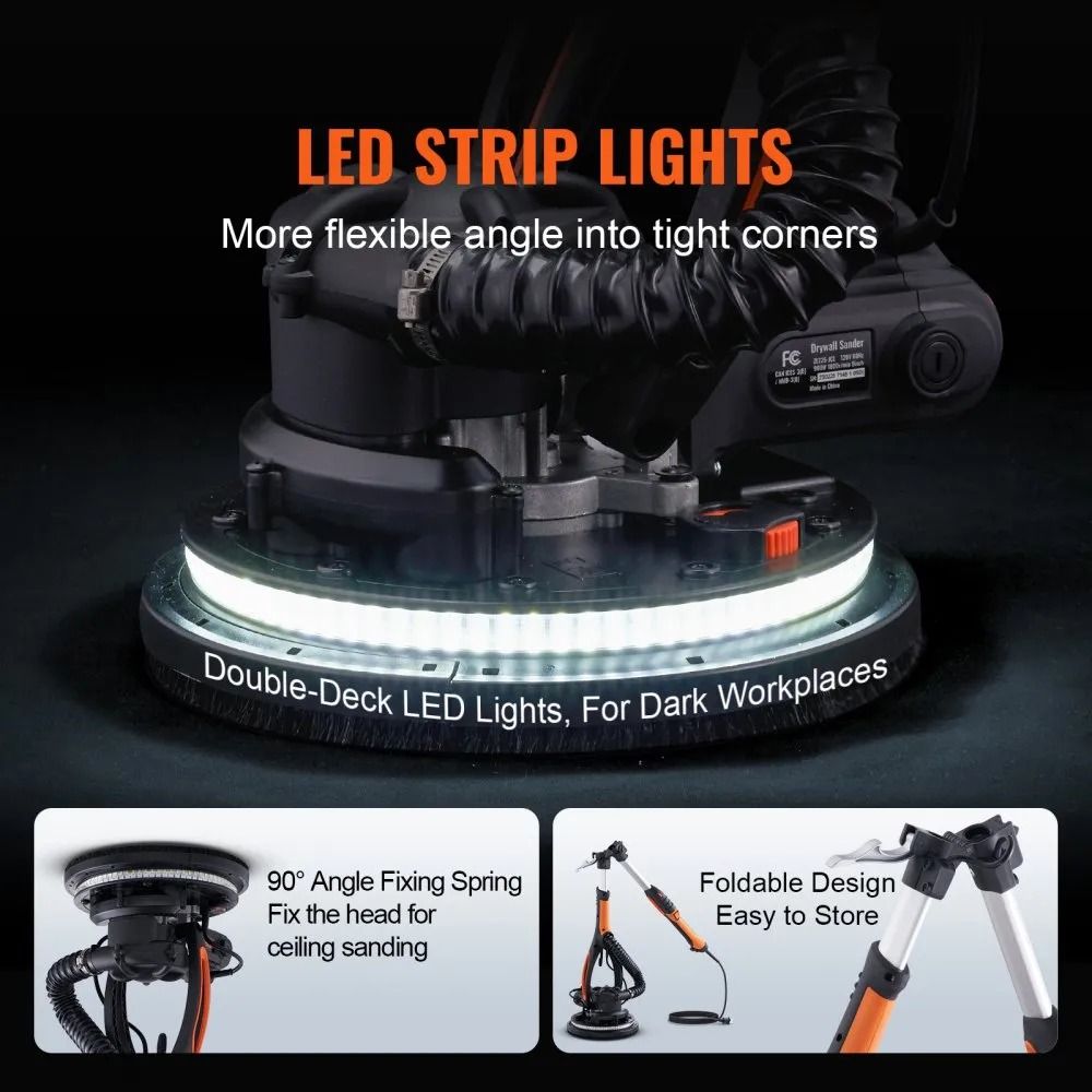 Wall Smoother Power Tool Adjustable RPM Speeds Dual LED Collapsible Design For Ceilings Dust Collec