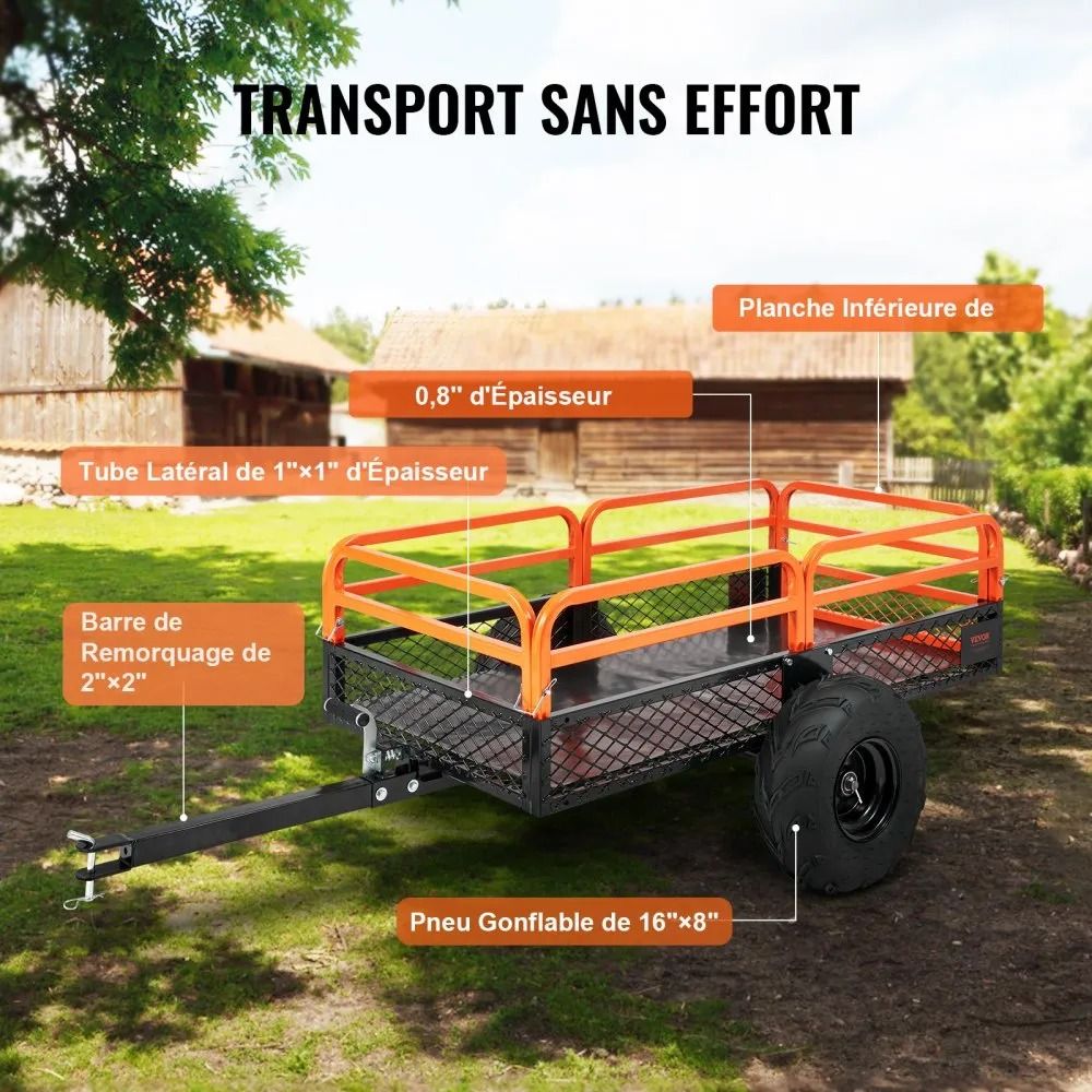 High Load Capacity Garden Trailer Heavy Duty Steel Tow Behind Dump Cart Cubic Feet ATV Trailer With 3