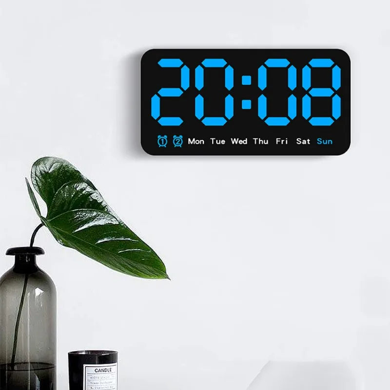 Voice Control Large Digital Wall Clock, Temperature Date Week, DST Snooze Table Clock Dual Alarm Wall-mounted LED Clock