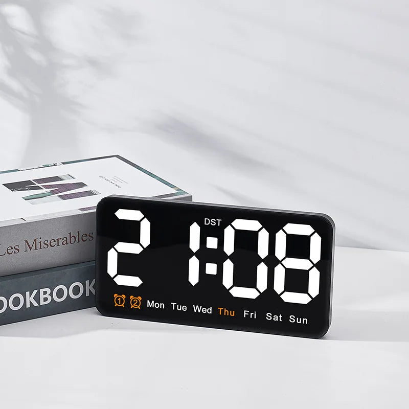 Voice Control Large Digital Wall Clock, Temperature Date Week, DST Snooze Table Clock Dual Alarm Wall-mounted LED Clock