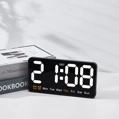 Voice Control Large Digital Wall Clock, Temperature Date Week, DST Snooze Table Clock Dual Alarm Wall-mounted LED Clock