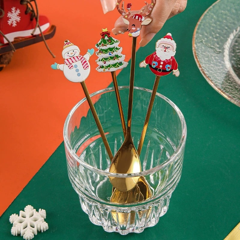 Stainless Steel Christmas Spoon Set, Coffee Spoon, Dessert Spoon, Santa Claus Tableware, Kitchen Utensils, Holiday Gift