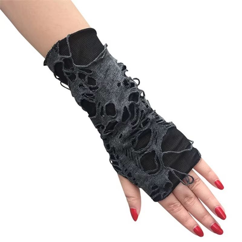Midnight Edge Gothic Black Gloves  Unisex Fingerless Long Club  Cosplay Mitts 4