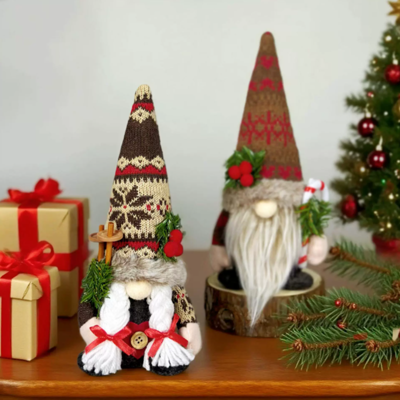 Rudolph Plush Toy, Christmas Decorations, Knitted Hat with Pine Branch, Gnome Faceless Doll Figurine, Pine Toy