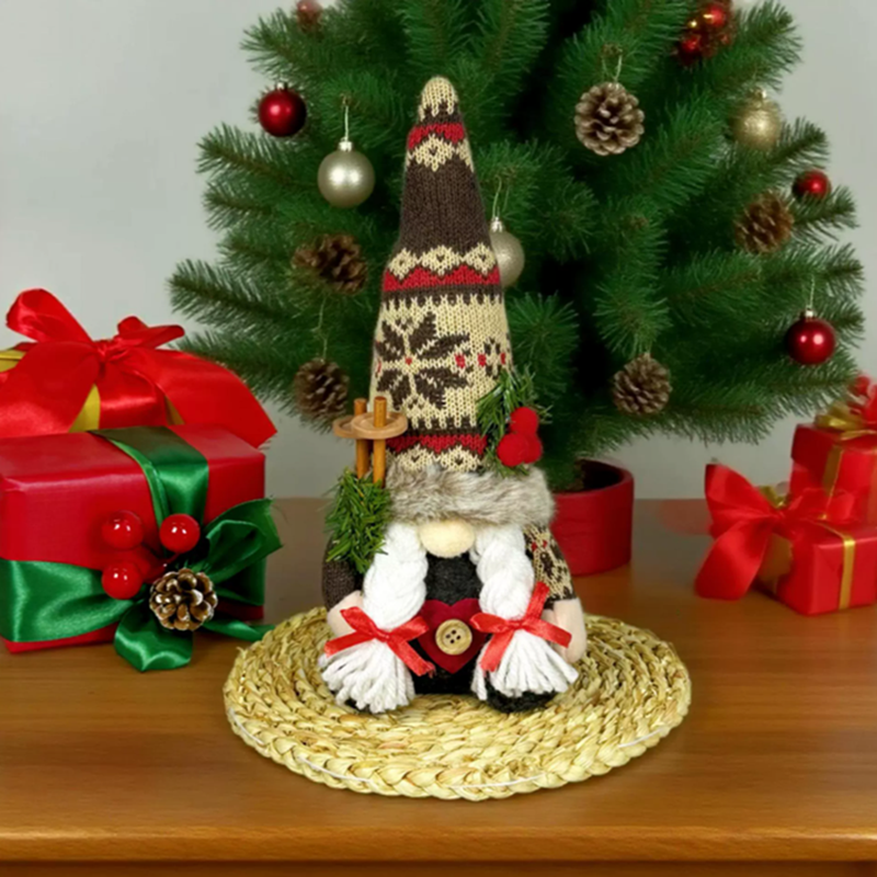 Rudolph Plush Toy, Christmas Decorations, Knitted Hat with Pine Branch, Gnome Faceless Doll Figurine, Pine Toy