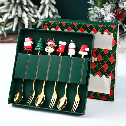 Creative Santa Tree Decoration, Christmas Spoon Fork Set, Stainless Steel Stirring Spoons, Party Tableware