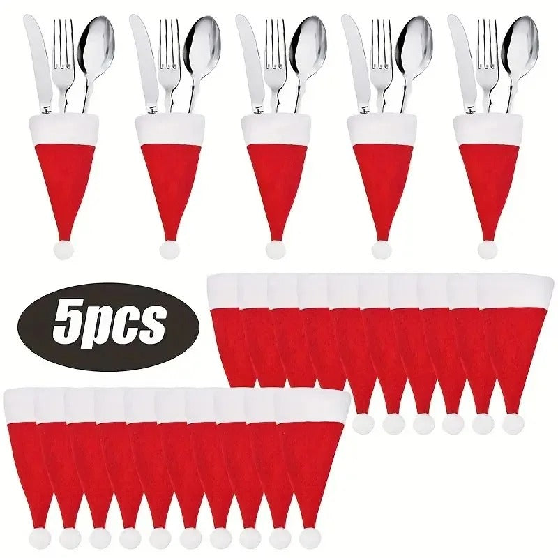 Christmas Hat For Fork Knife Tableware Decorations Mini Santa Hat Family Party Decor New Year Gifts 6