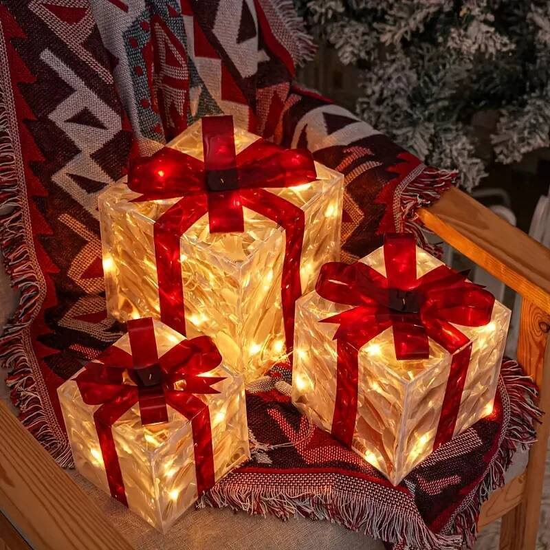 Decorative Boxes, Lighted Gift Boxes Decorations, Party, Tree Skirt Ornament For Holiday, Christmas