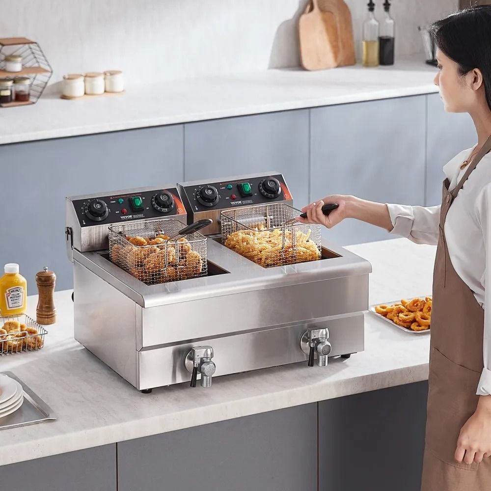 Dual Tank Commercial Electric Deep Fryer  Oil Fryer With Basket Stainless Steel Countertop Fryer Ti 4