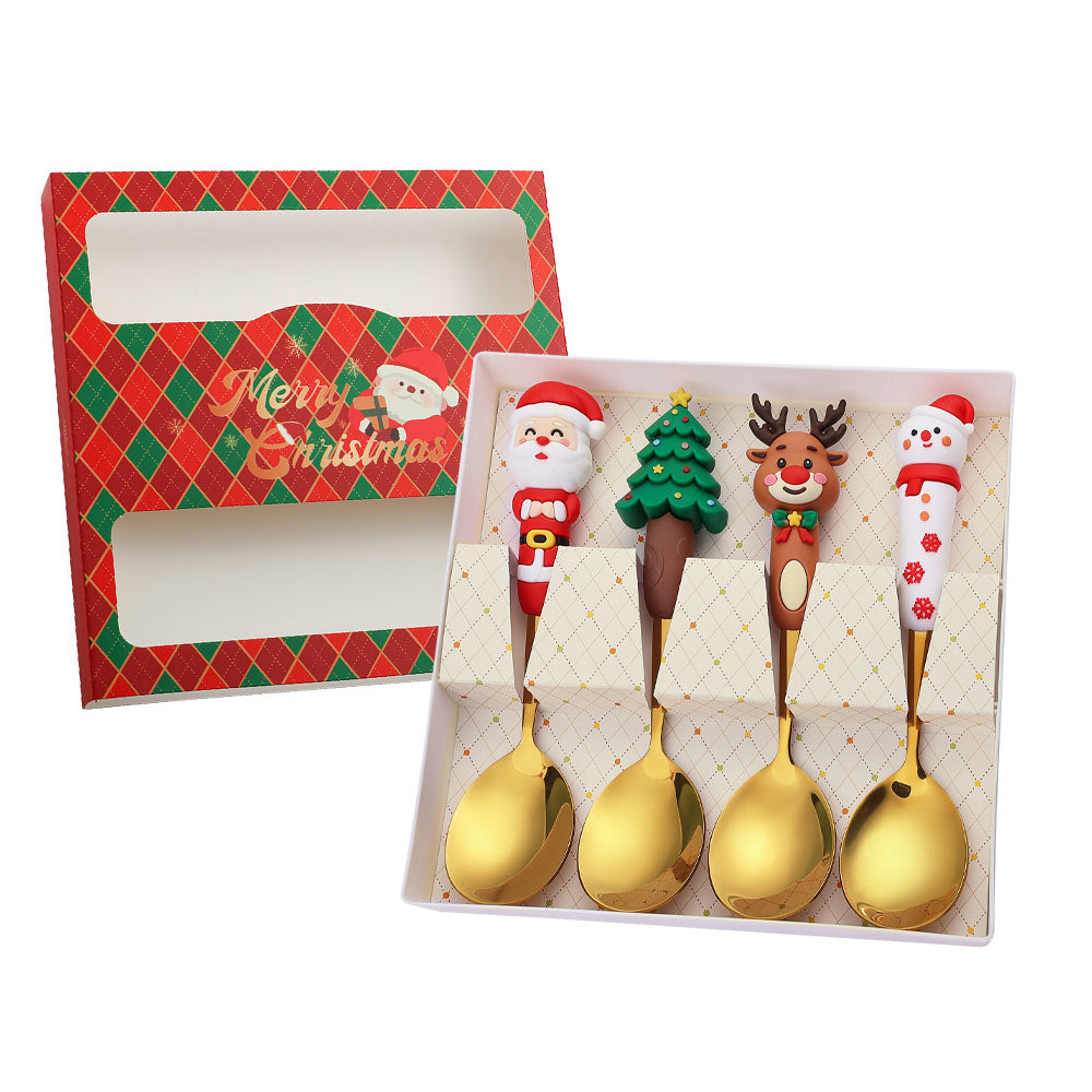 Stainless Steel Christmas Dinnerware, Tableware, Luxury Gift Box, Santa Cutlery, Dessert Fork, Coffee Spoon