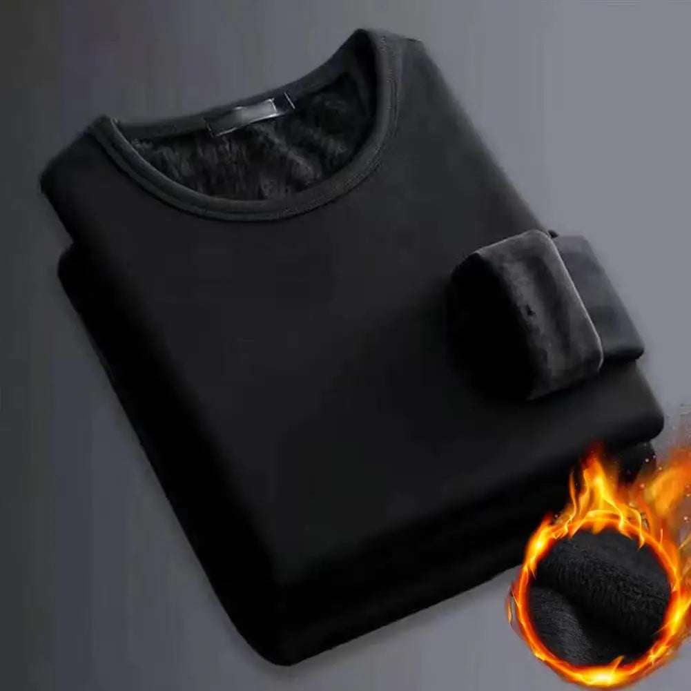 Winter Men's Long-Sleeved Thermal Underwear T-Shirt, Plus Size Fleece Lined Round Neck Bottoming Shirt, Fashion Slim Fit