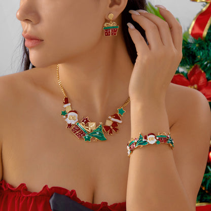 Necklace Set For Women Christmas Metal Earrings Dripping Oil Santa Claus Bowknot Hat Xmas Tree Chok