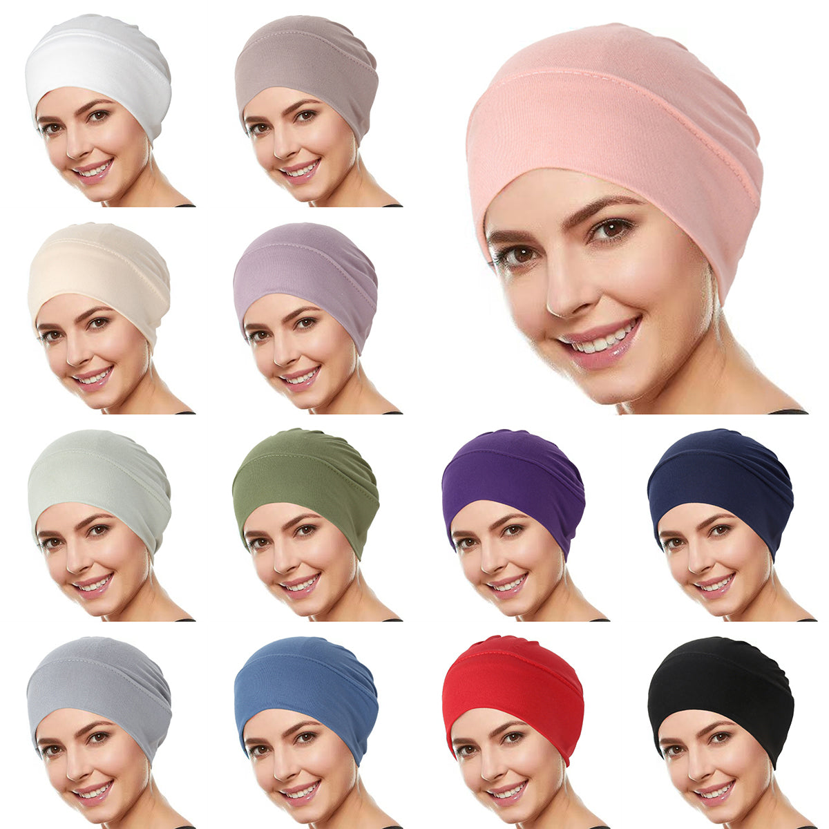 Muslim Hijab Caps Wrap Head, Ramadan Solid Color Women, Soft Elastic Turban Chemo Cap