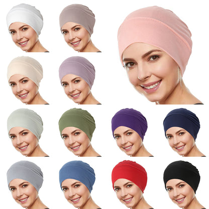 Muslim Hijab Caps Wrap Head, Ramadan Solid Color Women, Soft Elastic Turban Chemo Cap