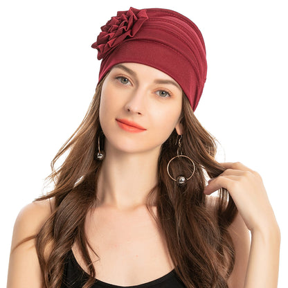 Solid Color Muslim Fashion Women, Hijab Turban Beanie Hat with Flower, Elastic Chemo Head Wrap Cap