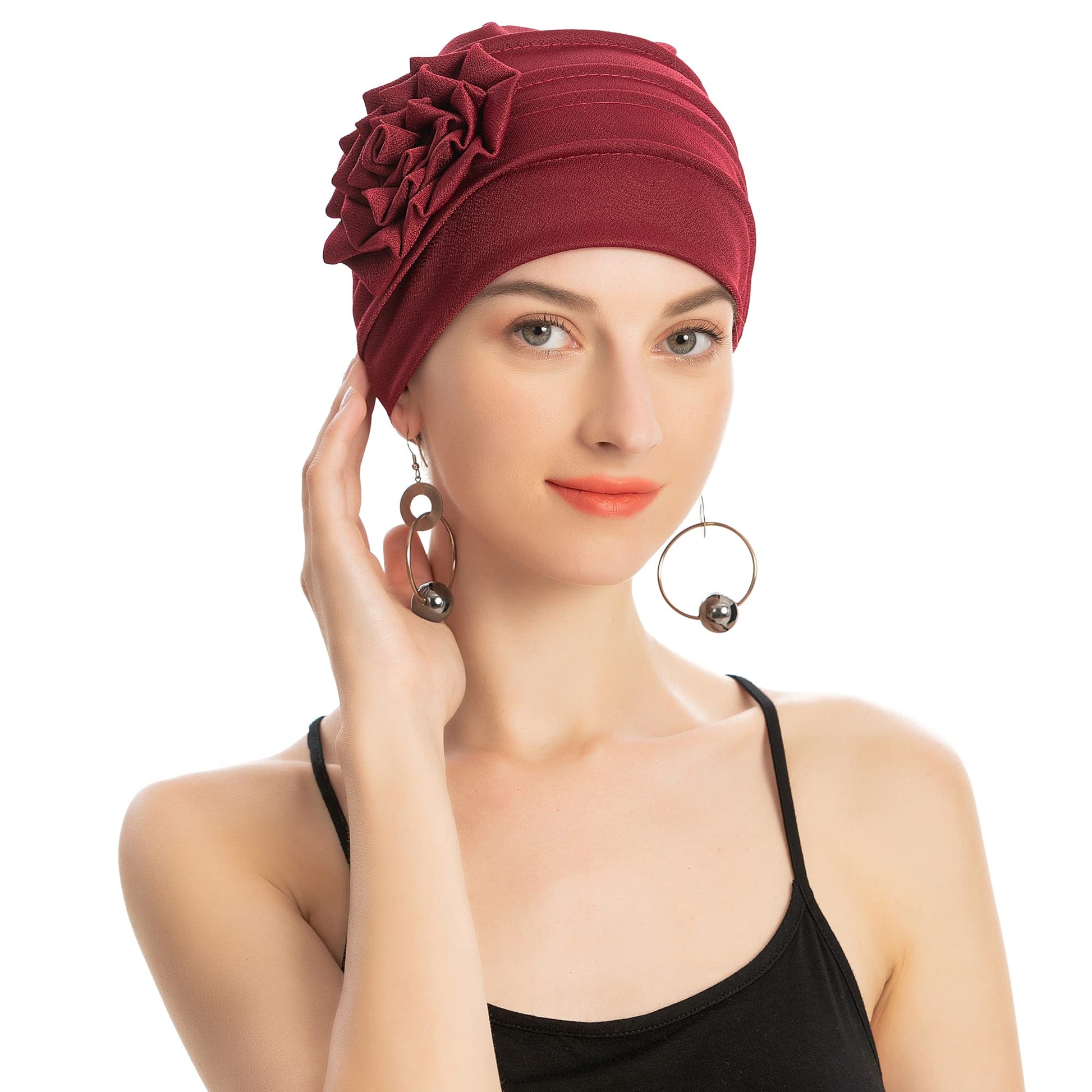 Solid Color Muslim Fashion Women, Hijab Turban Beanie Hat with Flower, Elastic Chemo Head Wrap Cap
