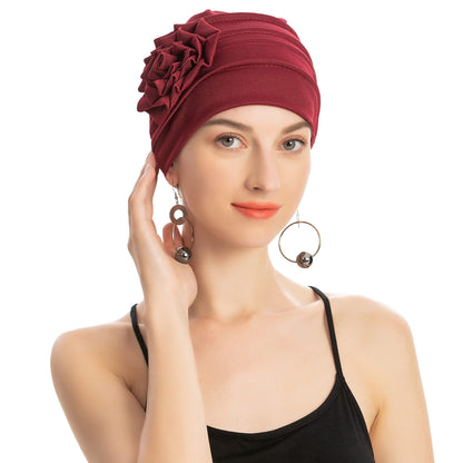 Solid Color Muslim Fashion Women, Hijab Turban Beanie Hat with Flower, Elastic Chemo Head Wrap Cap