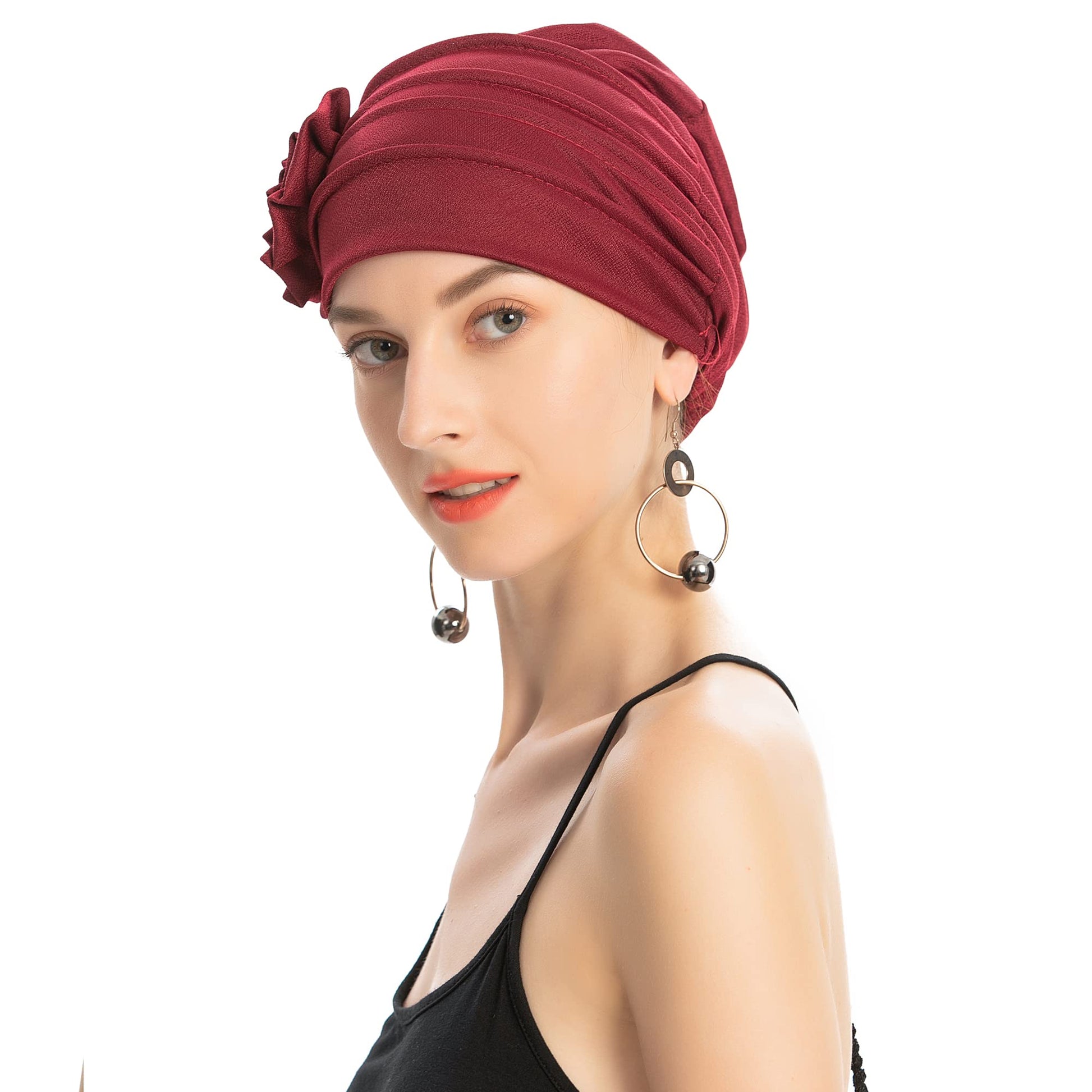 Solid Color Muslim Fashion Women, Hijab Turban Beanie Hat with Flower, Elastic Chemo Head Wrap Cap