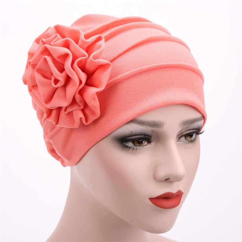 Solid Color Muslim Fashion Women, Hijab Turban Beanie Hat with Flower, Elastic Chemo Head Wrap Cap