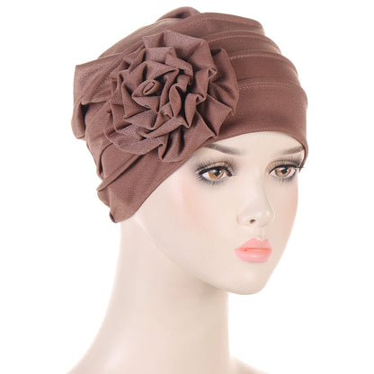 Solid Color Muslim Fashion Women, Hijab Turban Beanie Hat with Flower, Elastic Chemo Head Wrap Cap