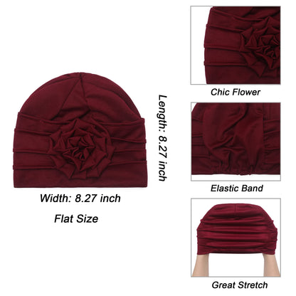 Solid Color Muslim Fashion Women, Hijab Turban Beanie Hat with Flower, Elastic Chemo Head Wrap Cap