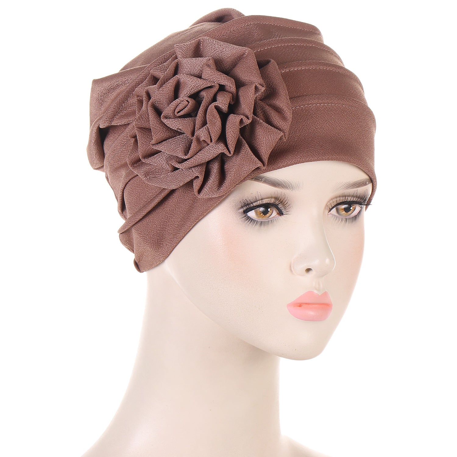 Solid Color Muslim Fashion Women, Hijab Turban Beanie Hat with Flower, Elastic Chemo Head Wrap Cap