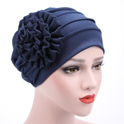 Solid Color Muslim Fashion Women, Hijab Turban Beanie Hat with Flower, Elastic Chemo Head Wrap Cap
