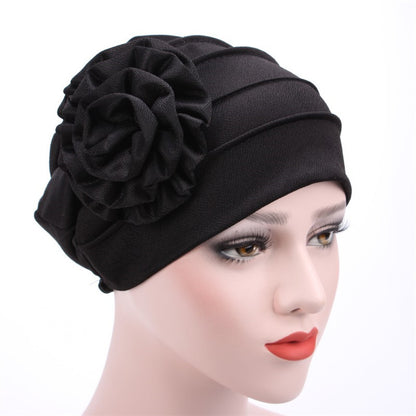 Solid Color Muslim Fashion Women, Hijab Turban Beanie Hat with Flower, Elastic Chemo Head Wrap Cap