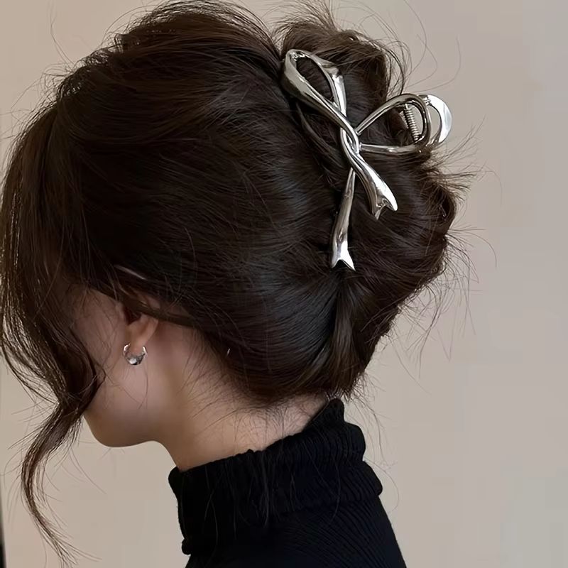 RibbonCharm bow hair claw – Vintage Metal Ribbon Clip for Ponytails & Updos